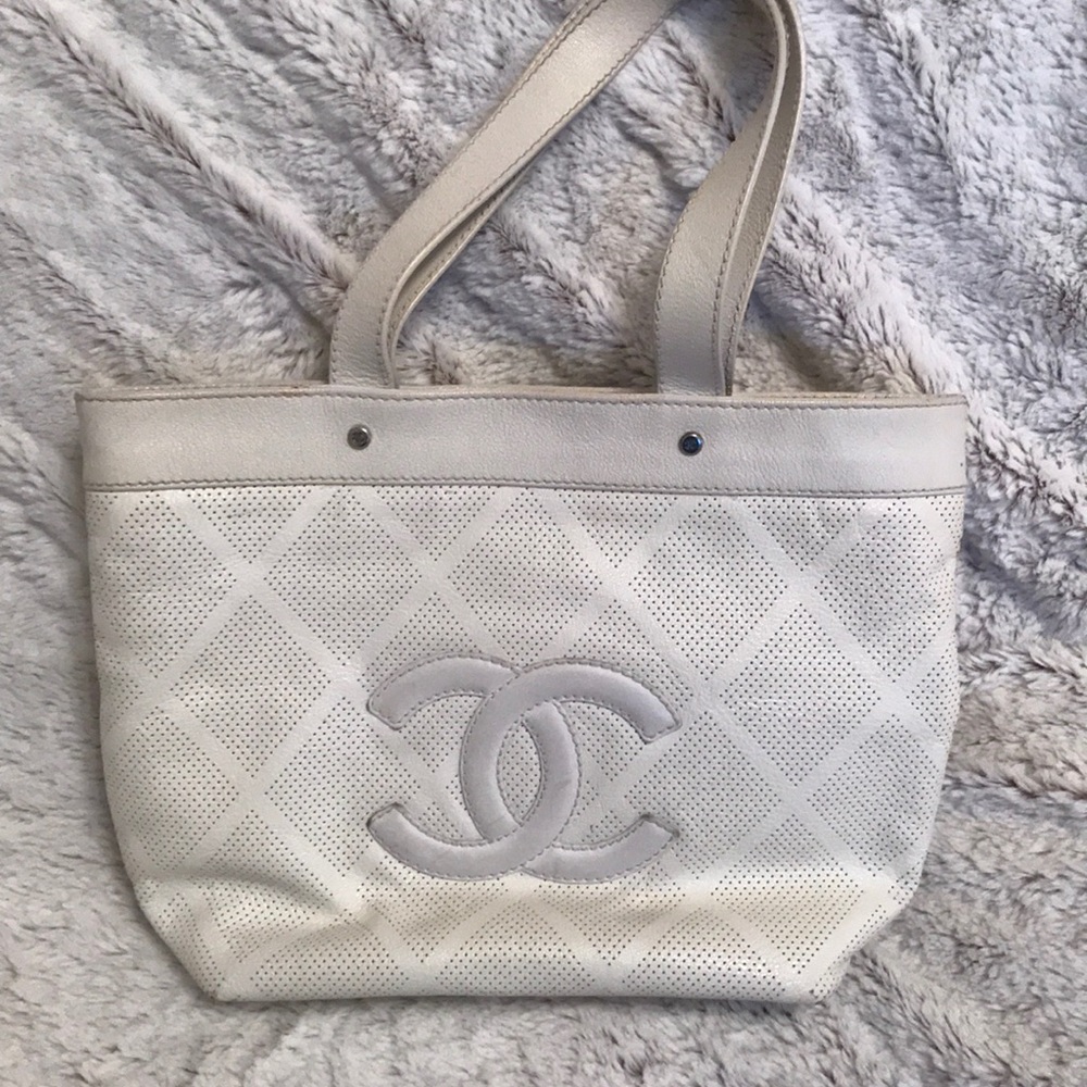 Chanel white leather tote bag